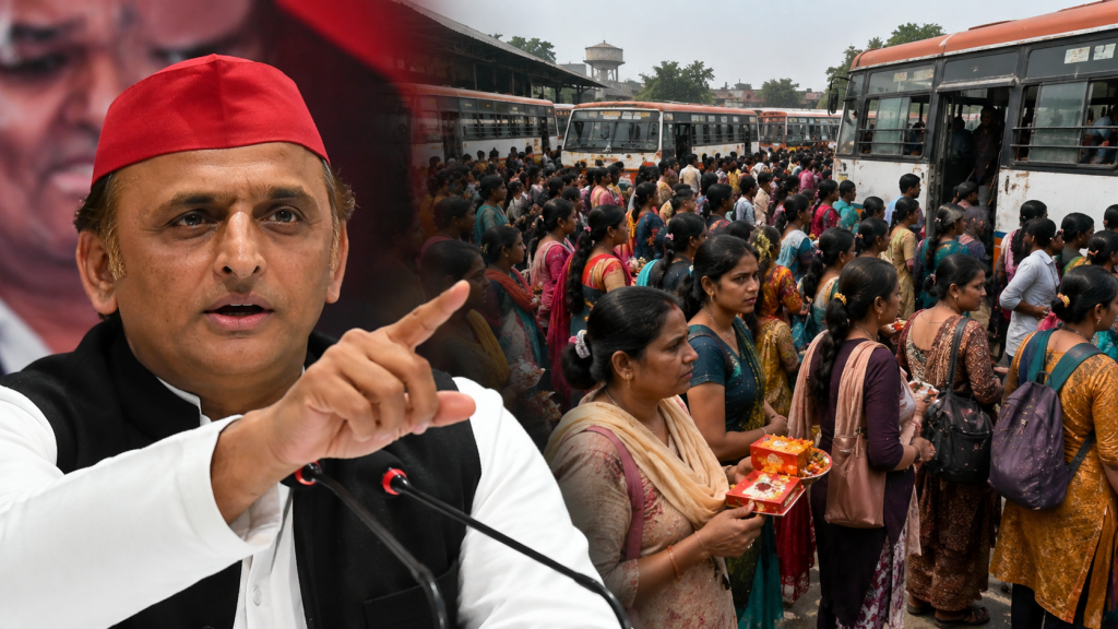 रक्षाबंधन पर मुफ्त बस सेवा को लेकर अखिलेश यादव द्वारा योगी सरकार पर लगाए गए आरोपों का प्रतीकात्मक राजनीतिक दृश्य।