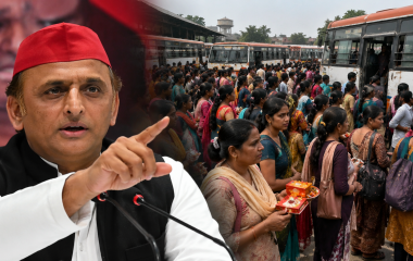 रक्षाबंधन पर मुफ्त बस सेवा को लेकर अखिलेश यादव द्वारा योगी सरकार पर लगाए गए आरोपों का प्रतीकात्मक राजनीतिक दृश्य।