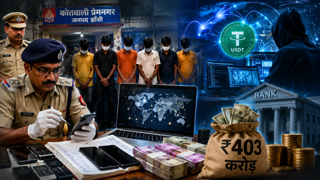 झांसी पुलिस द्वारा 403 करोड़ रुपये की साइबर फ्रॉड मनी ट्रेल से जुड़े गिरोह के खुलासे का प्रतीकात्मक दृश्य।