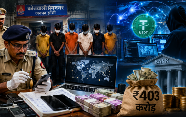 झांसी पुलिस द्वारा 403 करोड़ रुपये की साइबर फ्रॉड मनी ट्रेल से जुड़े गिरोह के खुलासे का प्रतीकात्मक दृश्य।
