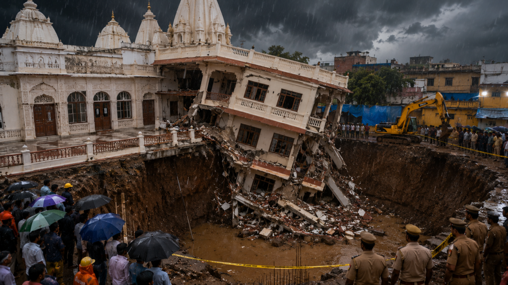 प्रयागराज के जॉर्ज टाउन में बारिश के बीच गहरे निर्माण गड्ढे में गिरा स्वामीनारायण मंदिर का तीन मंजिला हिस्सा।