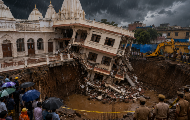 प्रयागराज के जॉर्ज टाउन में बारिश के बीच गहरे निर्माण गड्ढे में गिरा स्वामीनारायण मंदिर का तीन मंजिला हिस्सा।