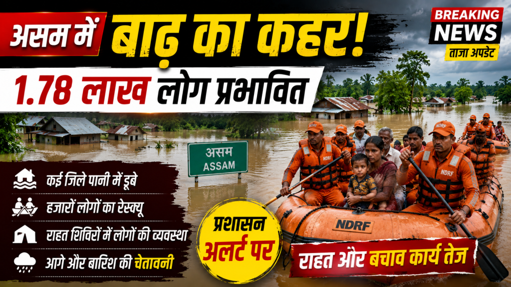 असम के बाढ़ प्रभावित क्षेत्र में नाव से लोगों को सुरक्षित स्थान पर ले जाते बचावकर्मी