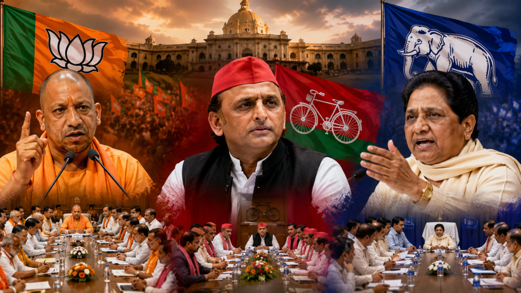 उत्तर प्रदेश विधानसभा चुनाव 2027 की तैयारियों को लेकर लखनऊ में बीजेपी, सपा और बसपा की रणनीतिक बैठकों का प्रतीकात्मक दृश्य।