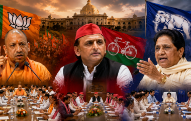 उत्तर प्रदेश विधानसभा चुनाव 2027 की तैयारियों को लेकर लखनऊ में बीजेपी, सपा और बसपा की रणनीतिक बैठकों का प्रतीकात्मक दृश्य।