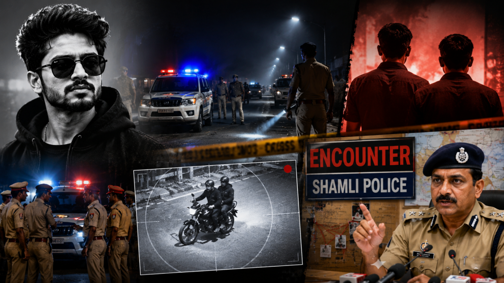 शामली में अंकित बालियान हत्याकांड के बाद पुलिस कार्रवाई और एनकाउंटर का प्रतीकात्मक दृश्य।