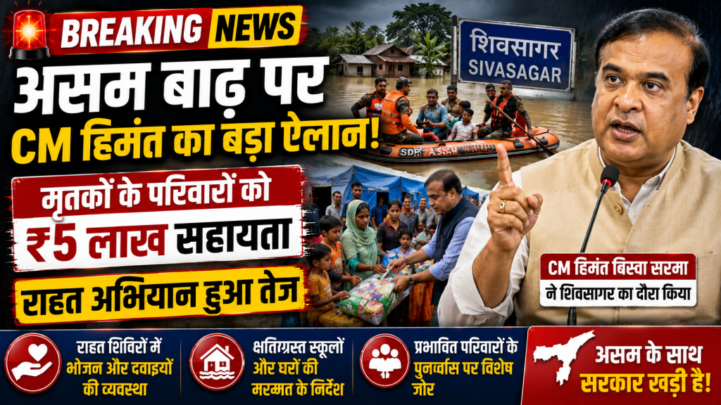 असम बाढ़ प्रभावित क्षेत्र में मुख्यमंत्री हिमंत बिस्वा सरमा राहत कार्यों का निरीक्षण करते हुए