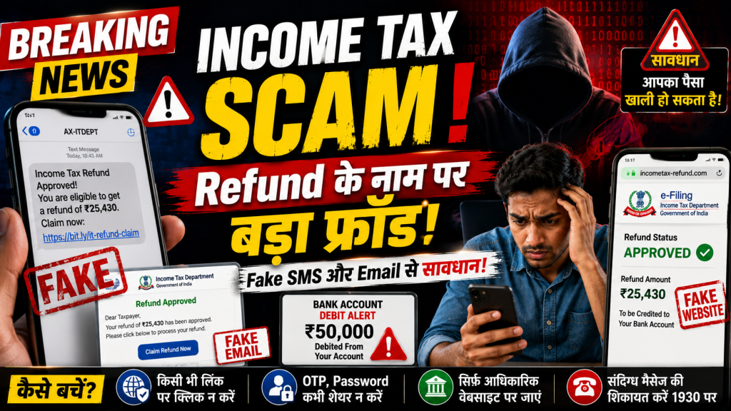 Income Tax Refund के नाम पर Fake SMS और Email Scam का प्रतीकात्मक चित्र
