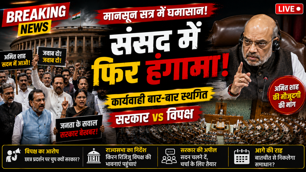 लोकसभा और राज्यसभा में विपक्ष के विरोध प्रदर्शन तथा संसद भवन का प्रतीकात्मक दृश्य।