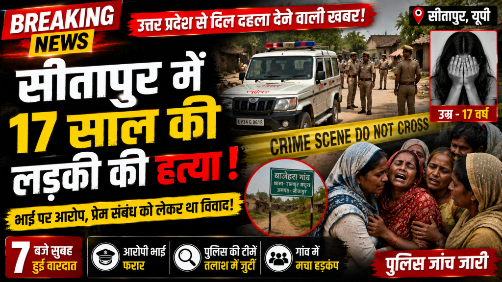 उत्तर प्रदेश के सीतापुर में हत्या की जांच करते पुलिस अधिकारियों और घटनास्थल का प्रतीकात्मक गैर-ग्राफिक दृश्य।