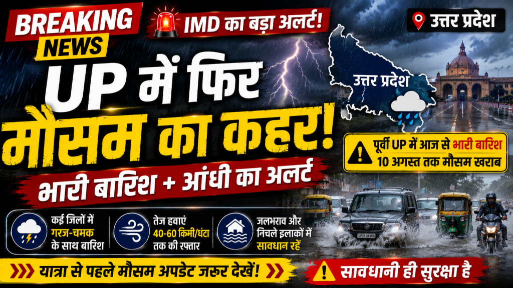 उत्तर प्रदेश में भारी बारिश और गरज-चमक के बीच जलभराव वाली सड़क का प्रतीकात्मक मौसम दृश्य।