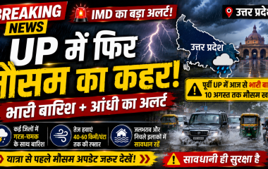 उत्तर प्रदेश में भारी बारिश और गरज-चमक के बीच जलभराव वाली सड़क का प्रतीकात्मक मौसम दृश्य।