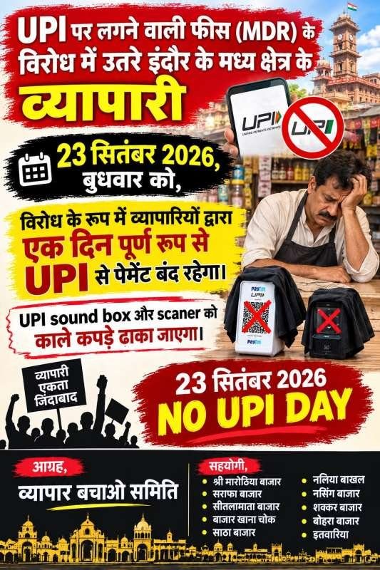 UPI पर लगने वाली फीस(MDR) के विरोध में उतरे इंदौर के मध्य क्षेत्र के व्यापारी : 23 सितम्बर को UPI से पेमेंट बंद रहेगा