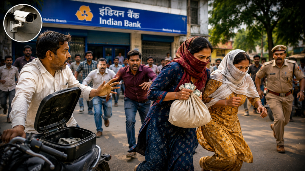 महोबा में बैंक के बाहर किसान से रुपये भरा बैग लेकर भागती महिलाओं और उन्हें पकड़ते लोगों का प्रतीकात्मक दृश्य