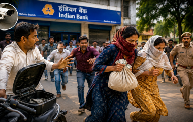 महोबा में बैंक के बाहर किसान से रुपये भरा बैग लेकर भागती महिलाओं और उन्हें पकड़ते लोगों का प्रतीकात्मक दृश्य