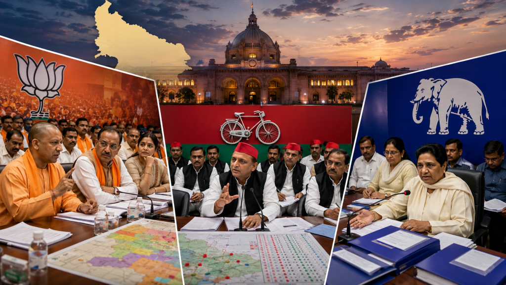 उत्तर प्रदेश विधानसभा चुनाव 2027 की तैयारियों को लेकर BJP, समाजवादी पार्टी और BSP की अलग-अलग रणनीतिक बैठकों का प्रतीकात्मक दृश्य।