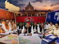 उत्तर प्रदेश विधानसभा चुनाव 2027 की तैयारियों को लेकर BJP, समाजवादी पार्टी और BSP की अलग-अलग रणनीतिक बैठकों का प्रतीकात्मक दृश्य।