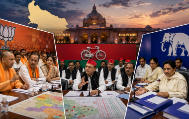 उत्तर प्रदेश विधानसभा चुनाव 2027 की तैयारियों को लेकर BJP, समाजवादी पार्टी और BSP की अलग-अलग रणनीतिक बैठकों का प्रतीकात्मक दृश्य।