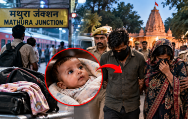 मथुरा रेलवे स्टेशन से अगवा पांच महीने के बच्चे की बरामदगी और आरोपी गिरफ्तारी का प्रतीकात्मक दृश्य