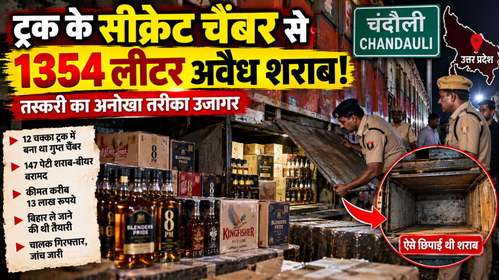ट्रक के सीक्रेट चैंबर में छिपी थी 1354 लीटर शराब, चंदौली में तस्करी का अनोखा खेल पकड़ा; चालक गिरफ्तार
