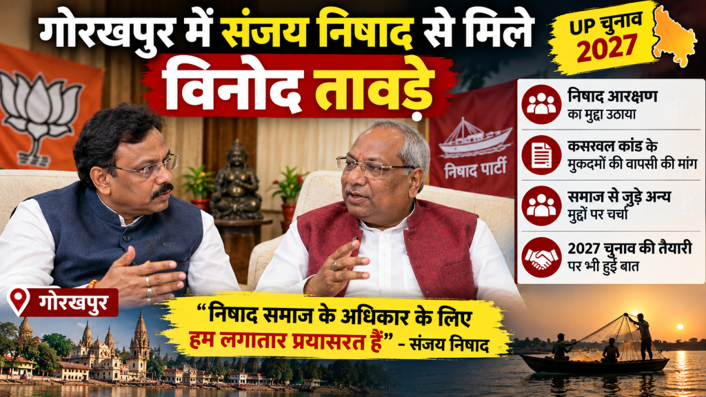 गोरखपुर में संजय निषाद के घर पहुंचे विनोद तावड़े, निषाद आरक्षण और कसरवल कांड के मुकदमे पर हुई बात