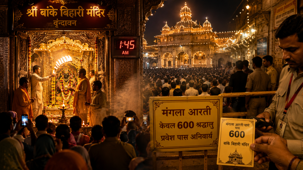 जन्माष्टमी पर वृंदावन के बांकेबिहारी मंदिर में मंगला आरती की तैयारी
