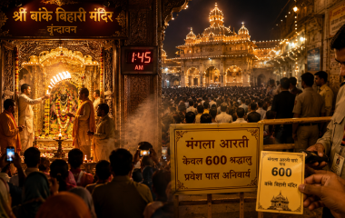 जन्माष्टमी पर वृंदावन के बांकेबिहारी मंदिर में मंगला आरती की तैयारी