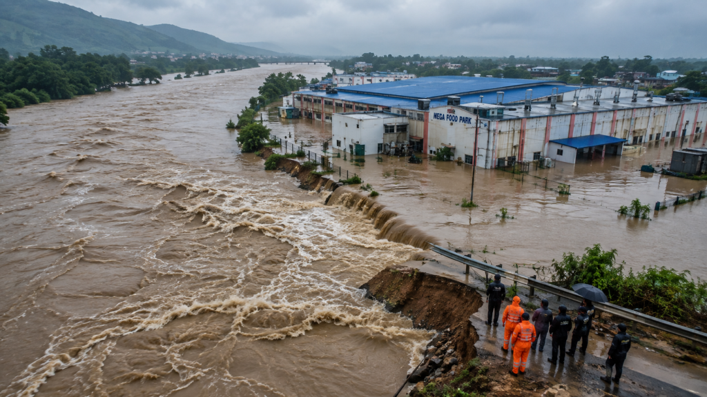 बरेली के बहेड़ी में किच्छा नदी का बढ़ा जलस्तर और मेगा फूड पार्क में घुसा बाढ़ का पानी
