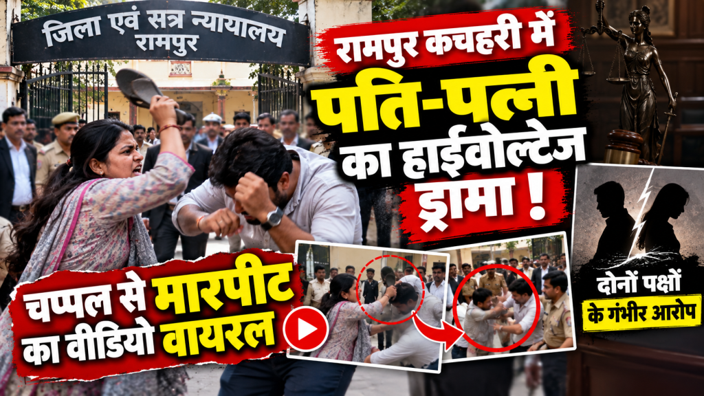 रामपुर कचहरी में पति-पत्नी का विवाद: चप्पल से मारपीट का वीडियो वायरल, केस दर्ज; महिला ने पति पर लगाए गंभीर आरोप