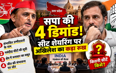 Alt Text: अखिलेश यादव और राहुल गांधी के साथ उत्तर प्रदेश की राजनीति, सपा-कांग्रेस सीट शेयरिंग और सपा की चार मांगों को दर्शाता न्यूज थंबनेल.
