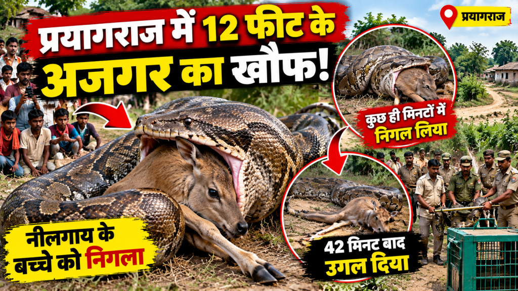 प्रयागराज में 12 फीट के अजगर का खौफ, नीलगाय के बच्चे को निगला; 42 मिनट बाद उगल दिया