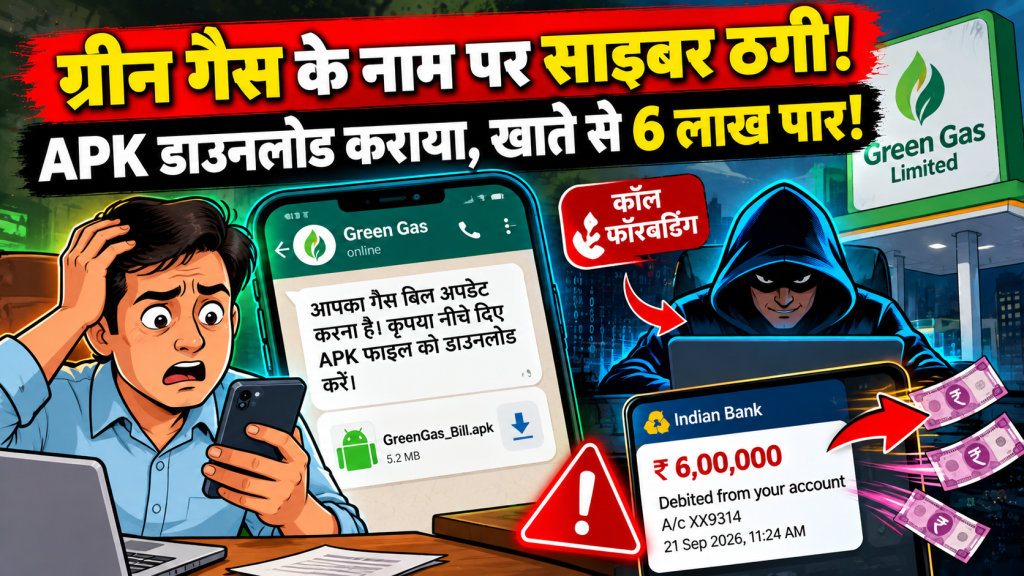 ग्रीन गैस बिल के नाम पर साइबर ठगी: APK डाउनलोड कराकर कॉल फॉरवर्ड, कारोबारी के खाते से 6 लाख पार