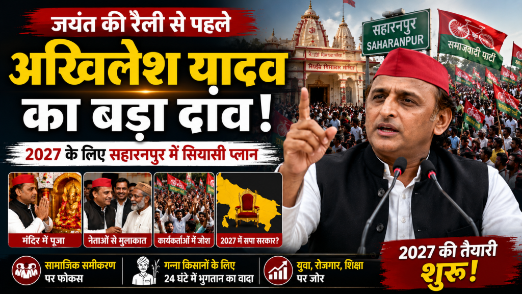 अखिलेश यादव सहारनपुर में 2027 चुनाव की रणनीति को लेकर नेताओं से मुलाकात करते हुए