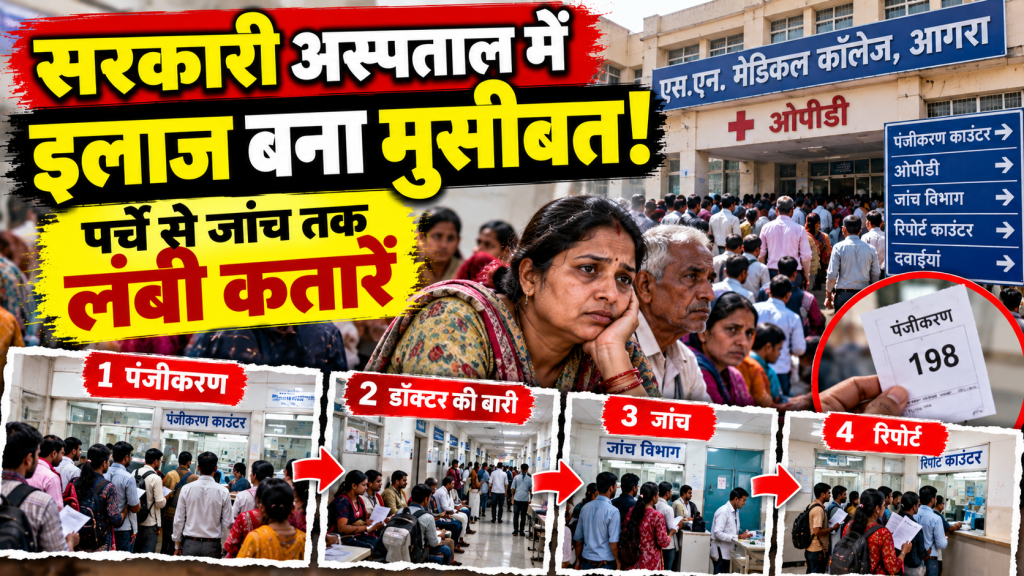 आगरा के सरकारी अस्पतालों में लंबी कतारों से मरीज परेशान, पर्चे से जांच तक घंटों इंतजार