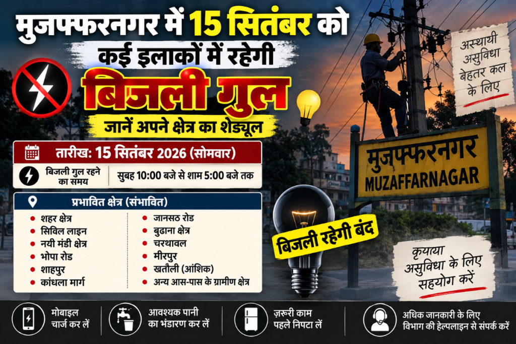 मुजफ्फरनगर में 15 सितंबर को कई इलाकों में रहेगी बिजली गुल, जानें अपने क्षेत्र का शेड्यूल