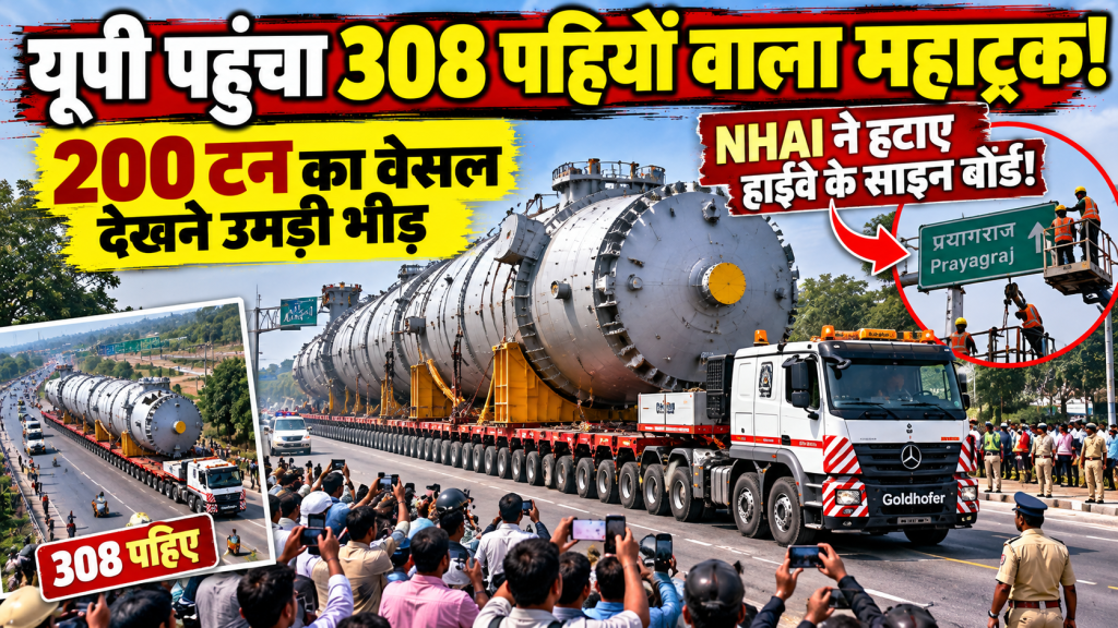 यूपी पहुंचा 308 पहियों वाला महाट्रक, 200 टन के वेसल को देखने उमड़ी भीड़; NHAI ने हटाए साइन बोर्ड
