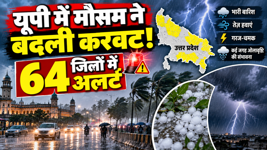 यूपी मौसम: बारिश और तेज हवाओं से बदला मौसम, 64 जिलों में आज गरज-चमक का अलर्ट; लुढ़का पारा