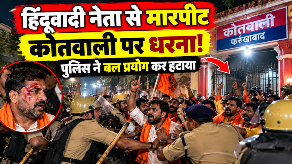 Farrukhabad News: हिंदूवादी नेता से मारपीट के आरोप के बाद कोतवाली पर धरना, पुलिस ने बल प्रयोग कर हटाया